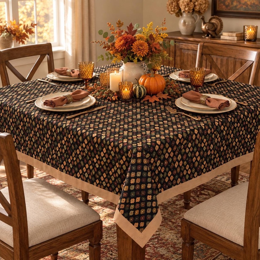 Vtg Woven Jacquard Tablecloth 56" Square Heavy Brocade Table Topper Fall Decor